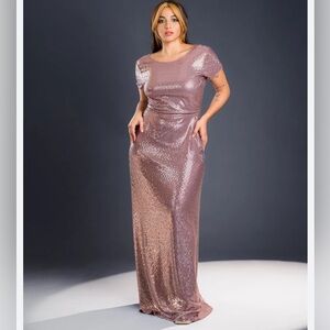 Leslie Fay Sequined Long Evening Party Maxi Gown Short Sleeve Dress Mauve. NWT